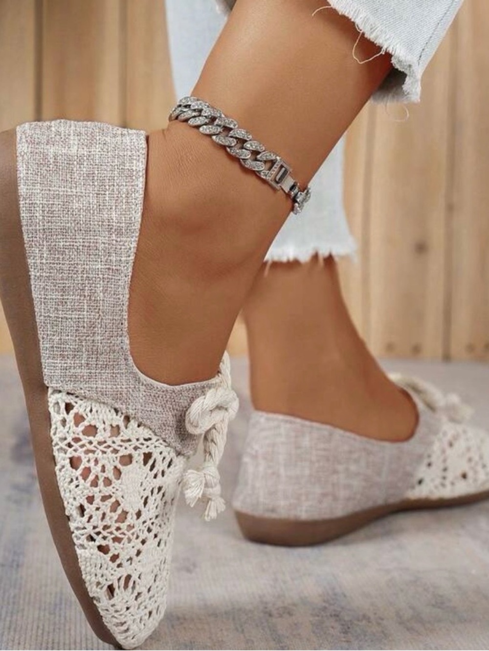 NEW ARRIVAL Casual Crochet Slip-On Flats in Cream - Picture 6 of 8